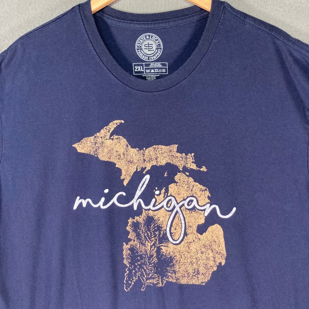State Local Threads Michigan Map Graphic T Shirt Men's 2XL Blue Cotton Polyester